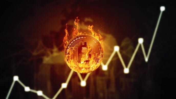A conceptual image of a Bitcoin coin on fire, placed on a white line graph that shows an upward price trend.