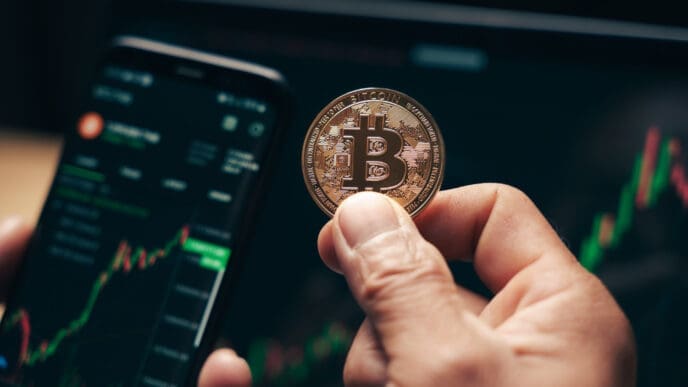A hand holds a Bitcoin coin over a smartphone and a laptop displaying a financial chart
