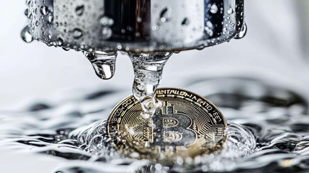 A golden Bitcoin coin is being washed by a stream of water pouring from a chrome faucet.