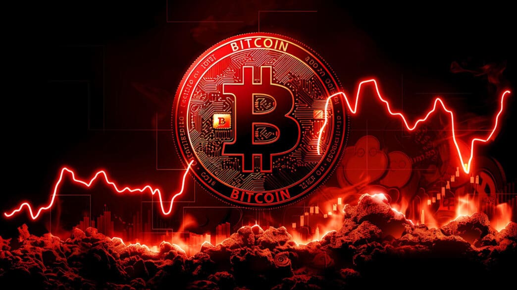 A fiery, red and black digital illustration of a bitcoin coin with a volatile stock chart