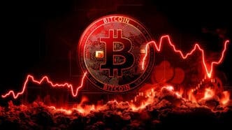 A fiery, red and black digital illustration of a bitcoin coin with a volatile stock chart