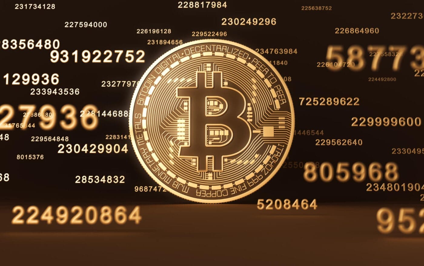 A 3D digital rendering of a glowing golden Bitcoin coin at the center of a dark background filled with floating numbers, codes, and glowing lines.