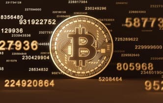 A 3D digital rendering of a glowing golden Bitcoin coin at the center of a dark background filled with floating numbers, codes, and glowing lines.