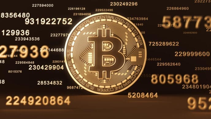 A 3D digital rendering of a glowing golden Bitcoin coin at the center of a dark background filled with floating numbers, codes, and glowing lines.