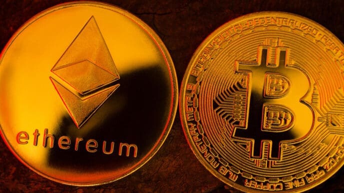 A close-up, macro photograph of a shiny golden Ethereum coin positioned side-by-side with a golden Bitcoin coin.