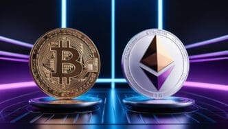 A gold Bitcoin coin and a silver Ethereum coin stand on platforms in a futuristic neon-lit setting