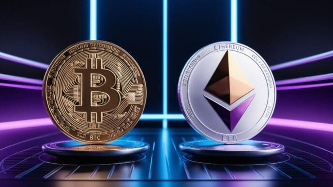 A gold Bitcoin coin and a silver Ethereum coin stand on platforms in a futuristic neon-lit setting
