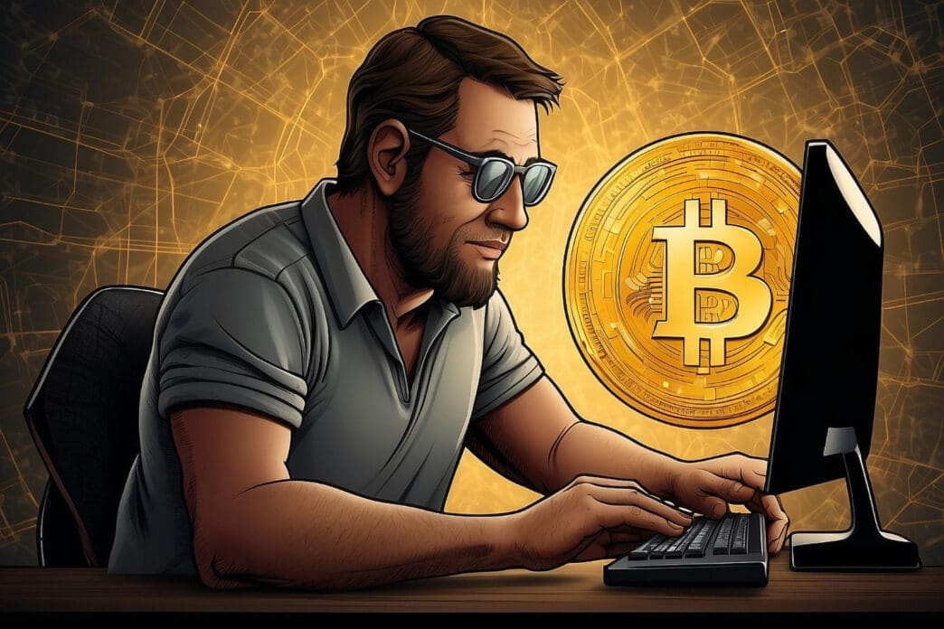 A man with a beard and sunglasses is focused on a computer screen, with a large golden Bitcoin symbol glowing behind him.