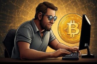 A man with a beard and sunglasses is focused on a computer screen, with a large golden Bitcoin symbol glowing behind him.