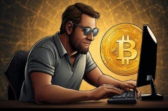 A man with a beard and sunglasses is focused on a computer screen, with a large golden Bitcoin symbol glowing behind him.