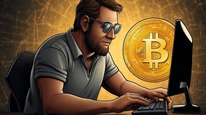 A man with a beard and sunglasses is focused on a computer screen, with a large golden Bitcoin symbol glowing behind him.