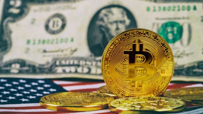 A golden Bitcoin coin stands upright on a surface, with other Bitcoin coins, a US two-dollar bill, and a portion of the American flag visible in the background.