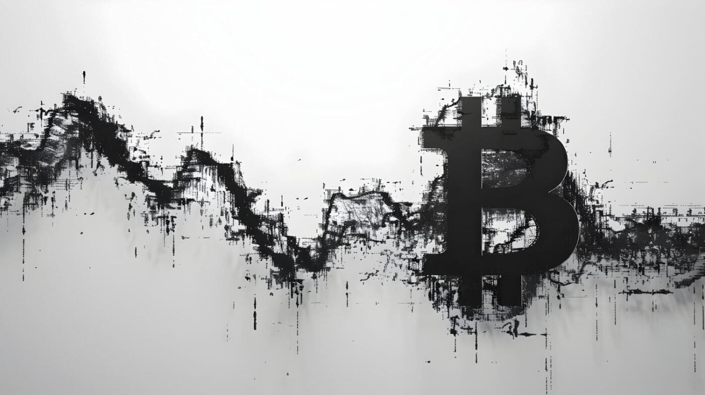 A conceptual illustration of a chaotic Bitcoin symbol and an erratic line graph, symbolizing economic turmoil.
