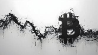 A conceptual illustration of a chaotic Bitcoin symbol and an erratic line graph, symbolizing economic turmoil.