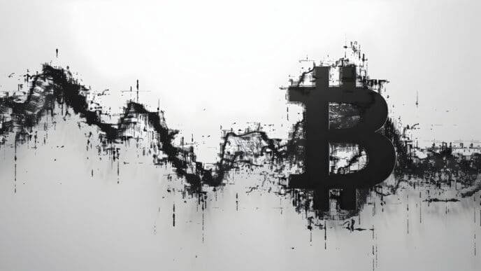 A conceptual illustration of a chaotic Bitcoin symbol and an erratic line graph, symbolizing economic turmoil.