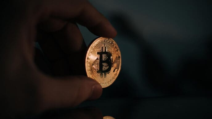 A close-up photograph of a hand holding a single, shiny golden Bitcoin coin, which is reflected on a dark surface below.