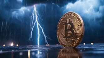 A golden Bitcoin coin stands upright on a wet surface with lightning striking in the background during a thunderstorm.