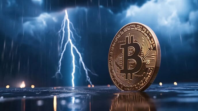 A golden Bitcoin coin stands upright on a wet surface with lightning striking in the background during a thunderstorm.