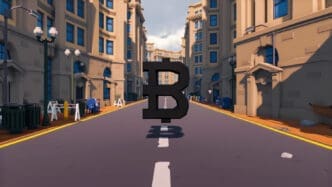 A 3D render of a large black Bitcoin symbol floating in the middle of a stylized city street with buildings on both sides.