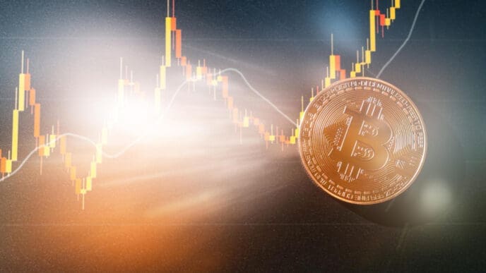 A golden Bitcoin coin is positioned on a digital screen displaying a financial candlestick chart that shows a clear upward trend, with a bright light flare coming from the left.