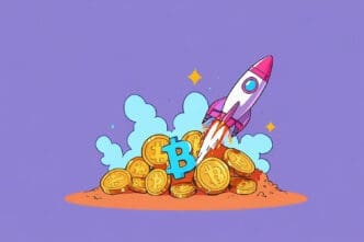 A cartoon illustration of a red and white rocket ship blasting off from a pile of large, golden Bitcoin coins.