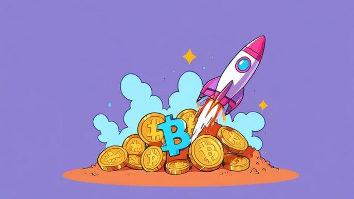 A cartoon illustration of a red and white rocket ship blasting off from a pile of large, golden Bitcoin coins.