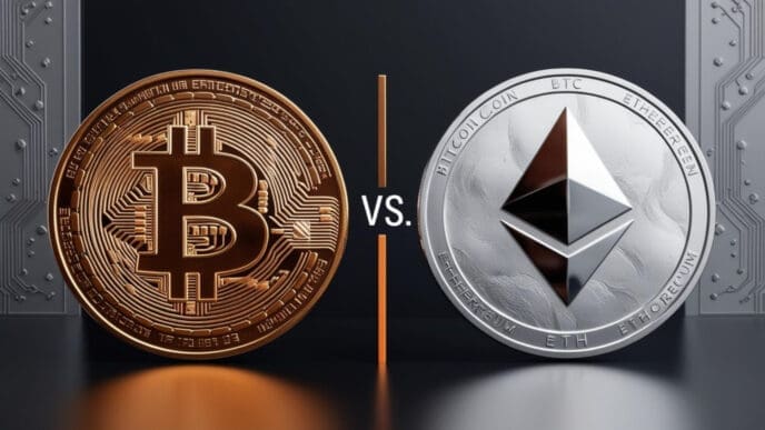 A side-by-side visual comparison of a gold Bitcoin coin and a silver Ethereum coin with a "VS" in the middle