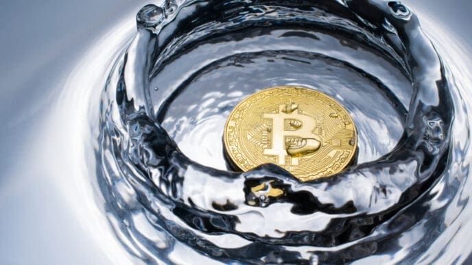 A close-up, high-speed photograph of a golden Bitcoin coin at the bottom of a pool of water, with ripples and splashes around it.