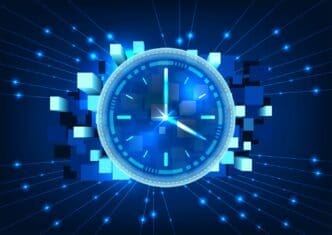 A conceptual digital graphic of a glowing blue clock face in the center, surrounded by cubes and a digital network of lines and dots.