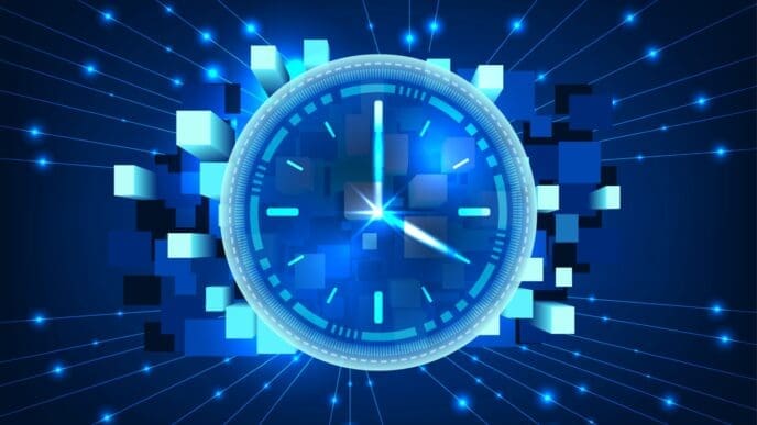 A conceptual digital graphic of a glowing blue clock face in the center, surrounded by cubes and a digital network of lines and dots.