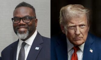 A composite image showing a portrait of Chicago Mayor Brandon Johnson and a portrait of Donald Trump.