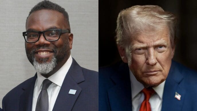 A composite image showing a portrait of Chicago Mayor Brandon Johnson and a portrait of Donald Trump.