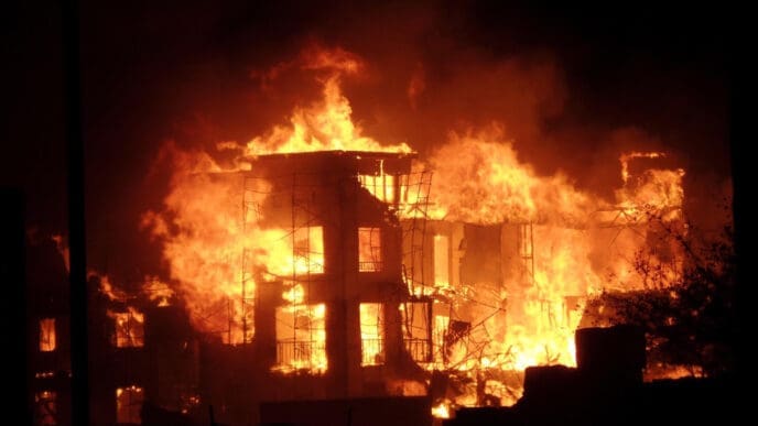 A large, multi-story building is completely engulfed in bright orange and red flames at night, with a large cloud of smoke rising into the air.