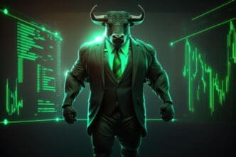 A muscular bull in a business suit stands in front of a glowing green digital stock chart