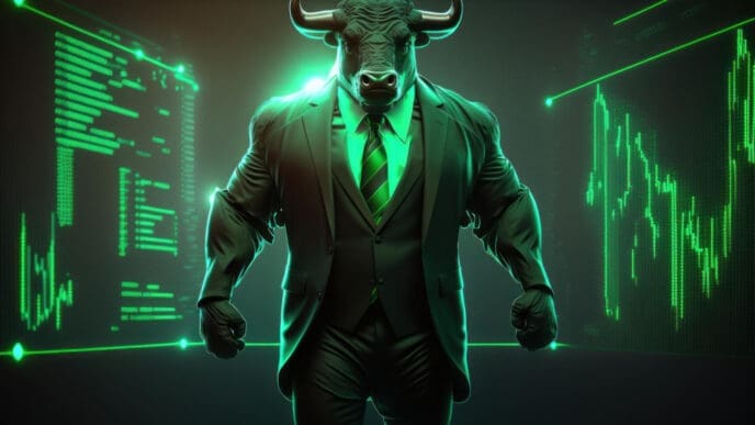 A muscular bull in a business suit stands in front of a glowing green digital stock chart