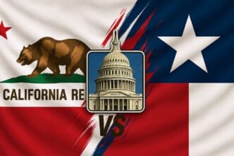 A collage featuring the California state flag on the left and the Texas state flag on the right, separated by a diagonal line. In the center is a shield with the US Capitol Building and a "VS" logo below it.