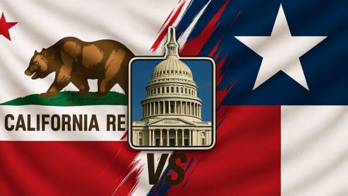 A collage featuring the California state flag on the left and the Texas state flag on the right, separated by a diagonal line. In the center is a shield with the US Capitol Building and a "VS" logo below it.
