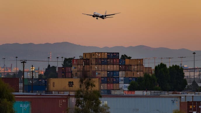 A cargo plane flies low over a field of stacked containers at sunset.