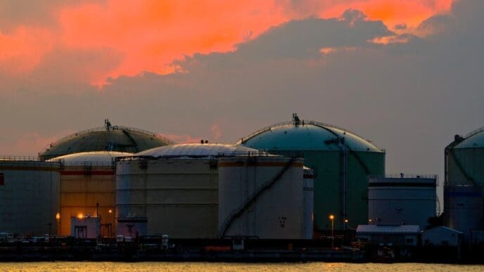Large, domed industrial oil storage tanks are situated at a port, their silhouettes visible against a dramatic orange and pink sunset sky reflected on the water.