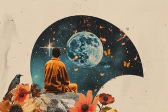 A collage of a person in an orange robe sitting on a rock, looking at a large blue moon in a cosmic cutout, surrounded by vintage flowers and a bird.