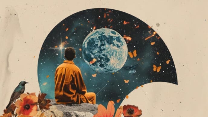 A collage of a person in an orange robe sitting on a rock, looking at a large blue moon in a cosmic cutout, surrounded by vintage flowers and a bird.