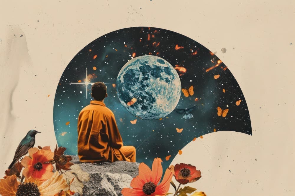 A collage of a person in an orange robe sitting on a rock, looking at a large blue moon in a cosmic cutout, surrounded by vintage flowers and a bird.