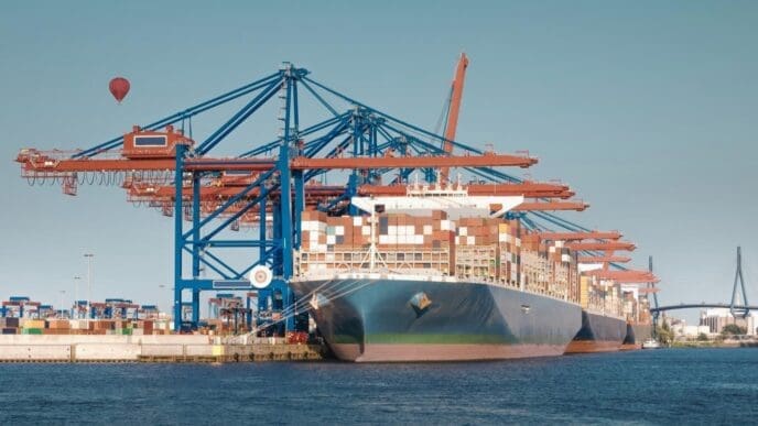 A large container ship is docked at a commercial harbor, with massive blue and orange gantry cranes overhead. A red hot air balloon is visible in the distance under a clear sky.