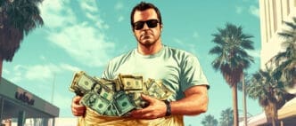 A graphic illustration of a stern-looking man in sunglasses and a t-shirt holding a large bag overflowing with US dollar bills. Palm trees are visible in the sunny background.