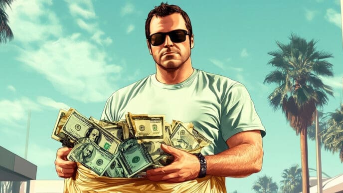 A graphic illustration of a stern-looking man in sunglasses and a t-shirt holding a large bag overflowing with US dollar bills. Palm trees are visible in the sunny background.