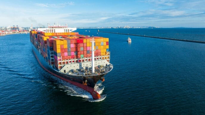 An aerial view of a large cargo ship full of shipping containers, sailing away from a port
