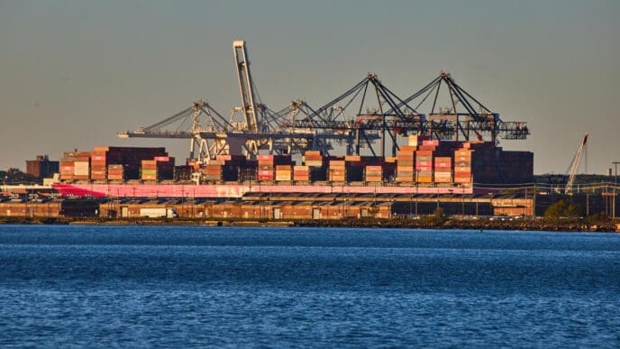 A large container ship loaded with shipping containers is docked at a port in New York City, seen in the golden hour light.