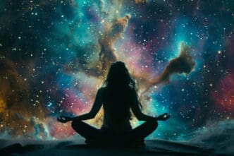 A silhouette of a person in a meditation pose, sitting in front of a vibrant cosmic nebula filled with stars.
