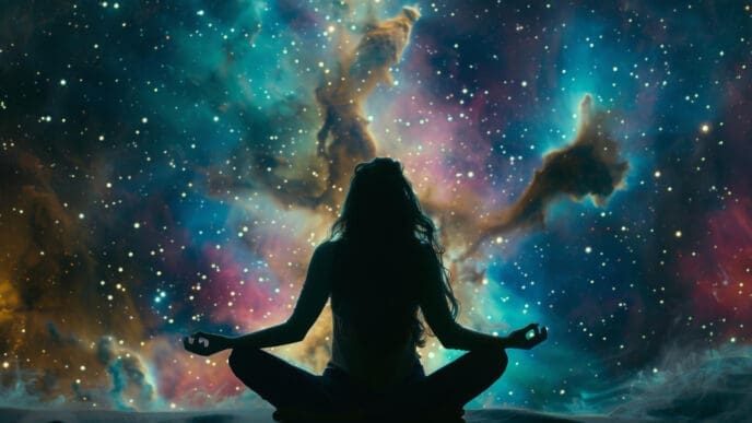 A silhouette of a person in a meditation pose, sitting in front of a vibrant cosmic nebula filled with stars.