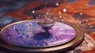 An intricate 3D render of a device resembling a compass or astrological chart with a spinning top in the center, set against a cosmic background.
